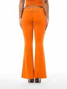 BABYPHAT High Waisted Flare Pants With Fold Over Printed Waistband And Side Tie Details - Orange - View 2