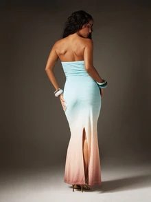 MISSGUIDED Strapless Ombre Butterfly Mesh Maxi Dress With Ruched Waist Detail And Clear Straps For Summer Evening Occasions - Blue and White - View 3