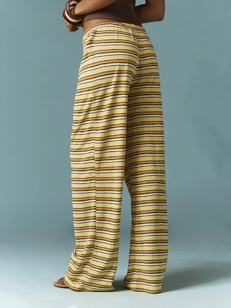 MISSGUIDED Pantalones palazzo de pierna ancha casuales con rayas amarillas, cintura con cordón y ajuste relajado