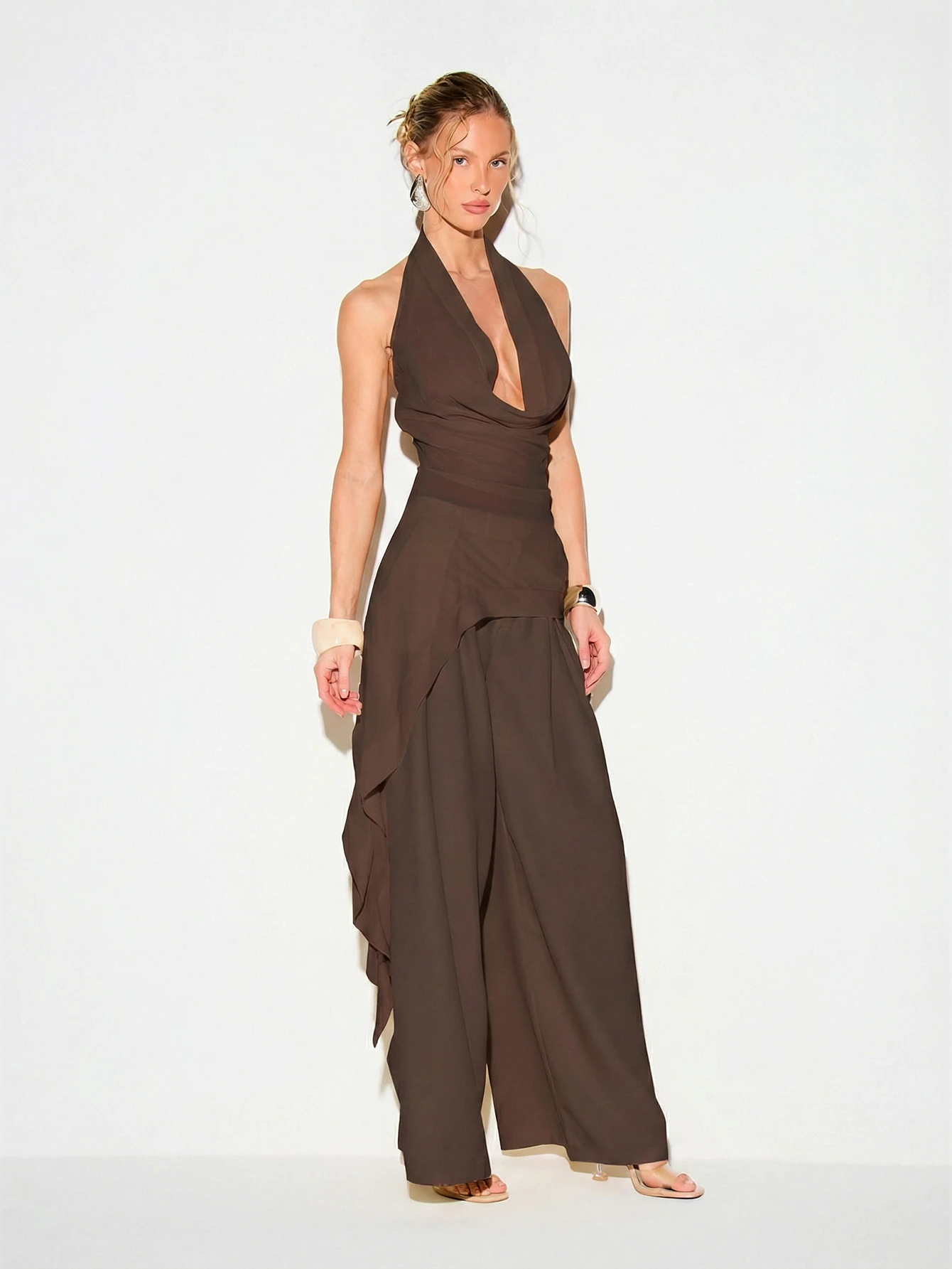 KIZN Chiffon Halter High Low Cami With Ruffles
