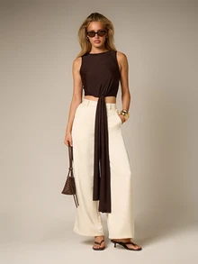 AiiRZ Sleeveless Knot Detail Drape Tank Top With Front Tie Accent Cropped Racerback Casual Summer Fashion - Coffee Brown - View 1