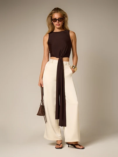 AiiRZ Sleeveless Knot Detail Drape Tank Top With Front Tie Accent Cropped Racerback Casual Summer Fashion