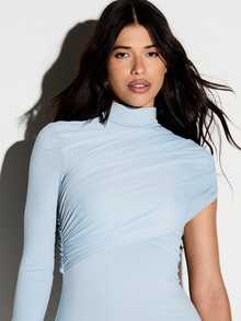 KIZN Asymmetric One Shoulder Ruched Mini Dress High Neck Bodycon Party Clubwear Fitted Evening - Baby Blue - View 2