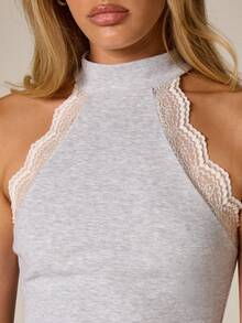 AiiRZ Ribbed Lace Trim Halter Tank Top Mock Neck Sleeveless Fitted Casual Basic Summer Spring Feminine Neutral - Grey - View 5