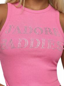 SUMWON WOMEN 露脐无袖背心，饰有烫钻文字印花，罗纹圆领，夏季休闲时尚上衣 - 粉色 - 查看 8