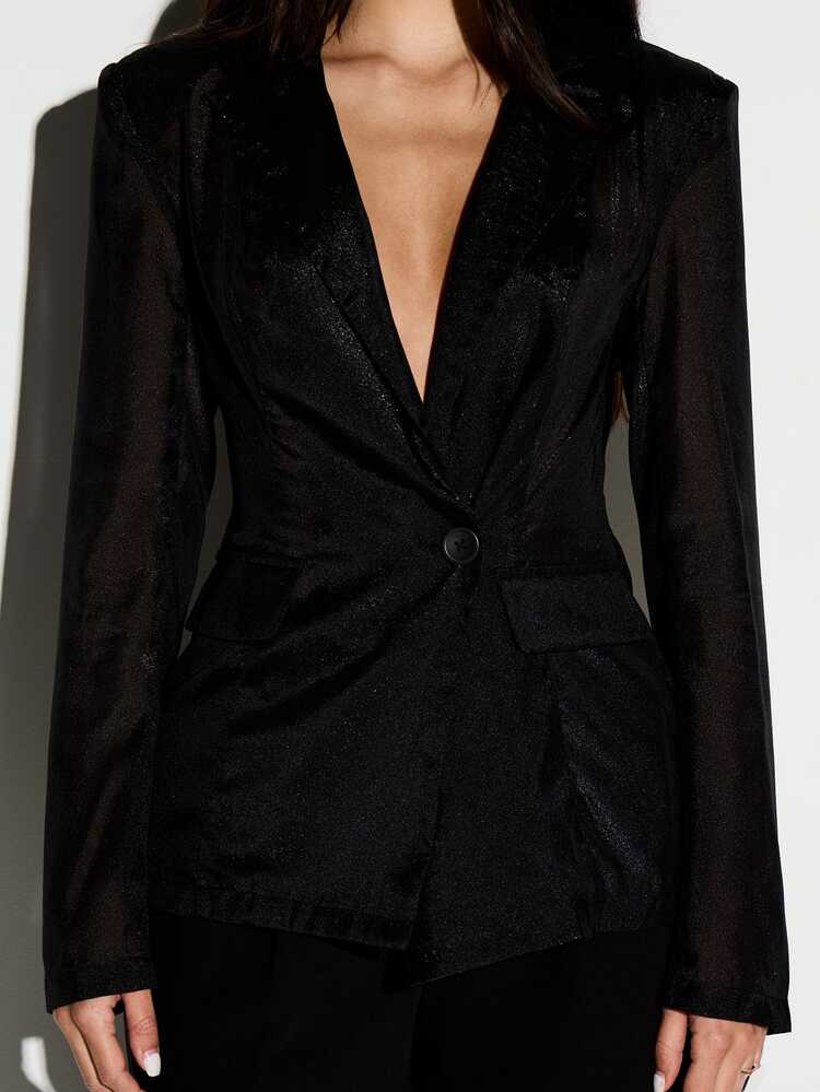 KIZN Sheer Oversized Black Blazer With Button Closure
