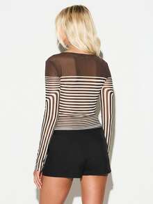 KIZN Striped Long Sleeve Mesh Panel Top With Embellished Details Brown White Horizontal Stripes Sheer Neckline Fall Fashion - Brown - View 2