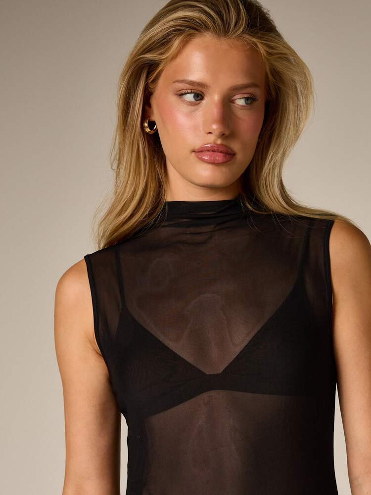 AiiRZ Sleeveless Mock Neck Sheer Mesh Tank Top With Black Fringe Hem Detail