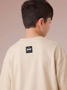 SUMWON Boys Oversized Graphic Print Tee With Neon Green Graffiti Design Crew Neck Short Sleeve Summer Casual Streetwear - Beige - View 5