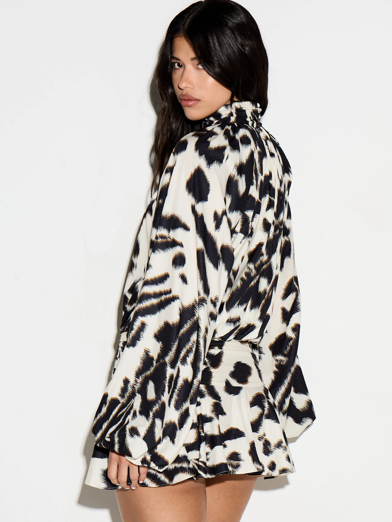 KIZN Animal Print High Neck Puff Sleeve Mini Dress