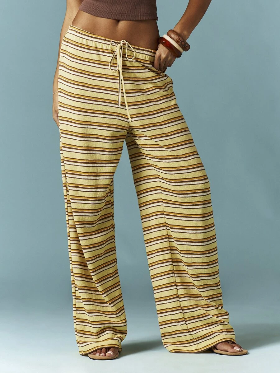 MISSGUIDED Yellow Striped Casual Wide Leg Palazzo Pants With Drawstring Waist Relaxed Fit - Yellow - View 1