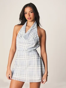 MISSGUIDED Plaid Cowl Neck Halter Mini Dress With Waist Ties Ruched Draped Summer Party Bodycon Backless Sleeveless - Multicolor - View 1