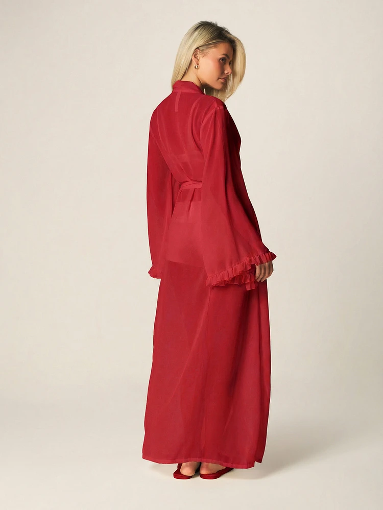 MISSGUIDED Long Sheer Robe With Ruffle Trim Front Open Kimono Style Cover Up Beach Resort Loungewear Intimate Sleepwear