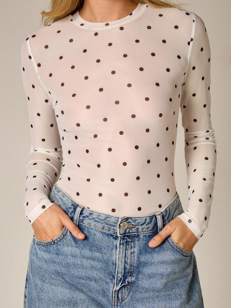 Polka Dot Mesh Long Sleeve T Shirt