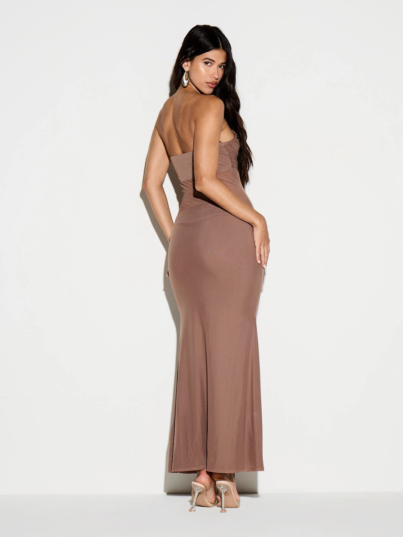 KIZN Strapless Ruched Mesh Insert Maxi Dress
