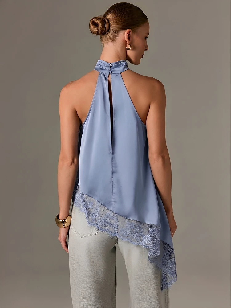 High Neck Satin Top With Lace Hem