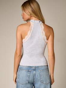 AiiRZ Ribbed Lace Trim Halter Tank Top Mock Neck Sleeveless Fitted Casual Basic Summer Spring Feminine Neutral - Grey - View 2