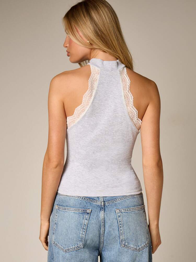 Ribbed Lace Trim Halter Tank