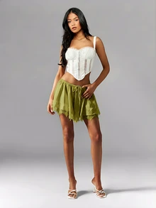 MISSGUIDED Lace Trim Satin Shorts High Waisted Drawstring Casual Summer Festival Boho Chic Elastic Waist Short Pants Beach Vacation Flowy Lightweight - Green - View 3