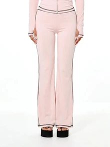 SUMWON WOMEN Vintage Inspired Flare Leg Tracksuit Pants With Contrast Stitching Back Graphic Detail Retro - Baby Pink - View 5