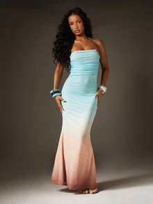 MISSGUIDED Strapless Ombre Butterfly Mesh Maxi Dress With Ruched Waist Detail And Clear Straps For Summer Evening Occasions - Blue and White - View 1