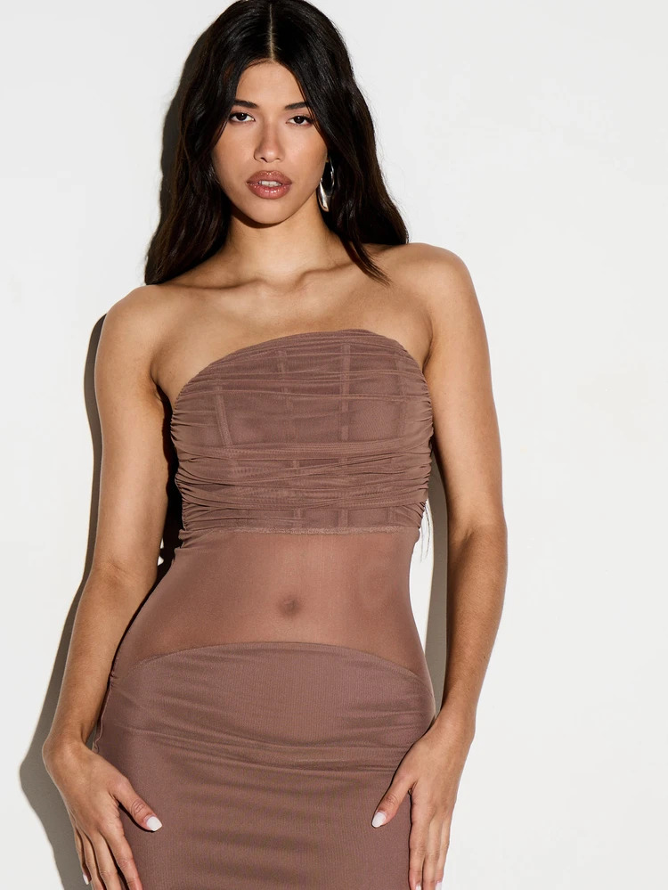 KIZN Strapless Ruched Mesh Insert Maxi Dress