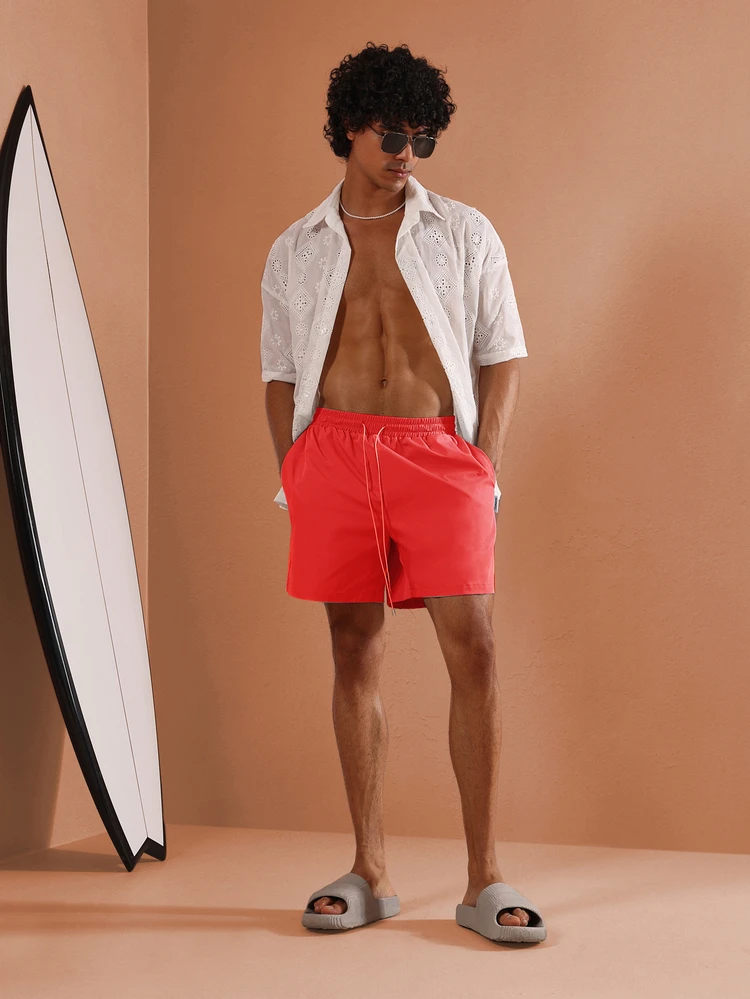 Regular Elastic Waist Pull On Swim Shorts With Drawstring Beach Summer Quick Dry Casual Bermuda
