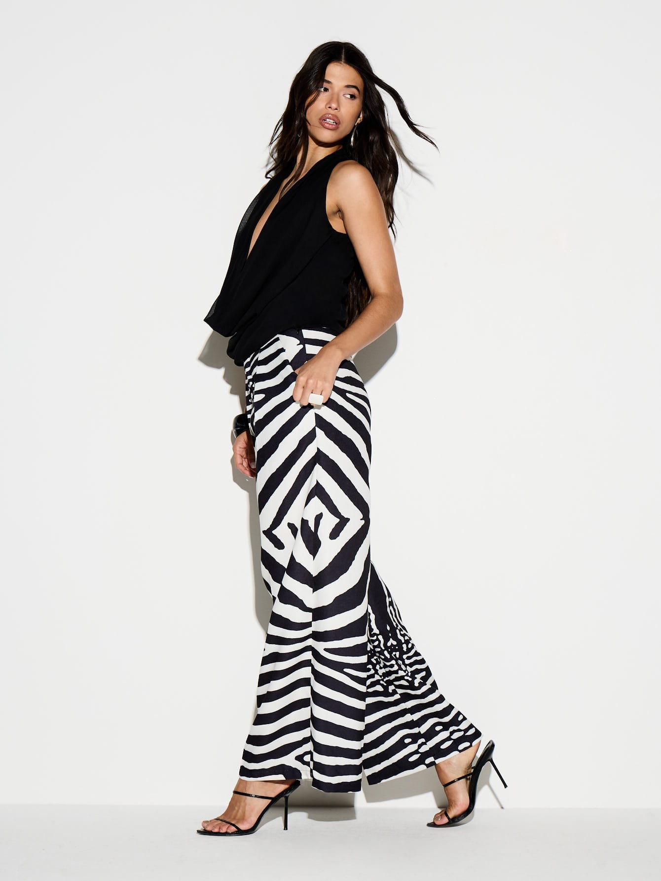 KIZN Zebra Print Wide Leg Palazzo Trousers With High Rise