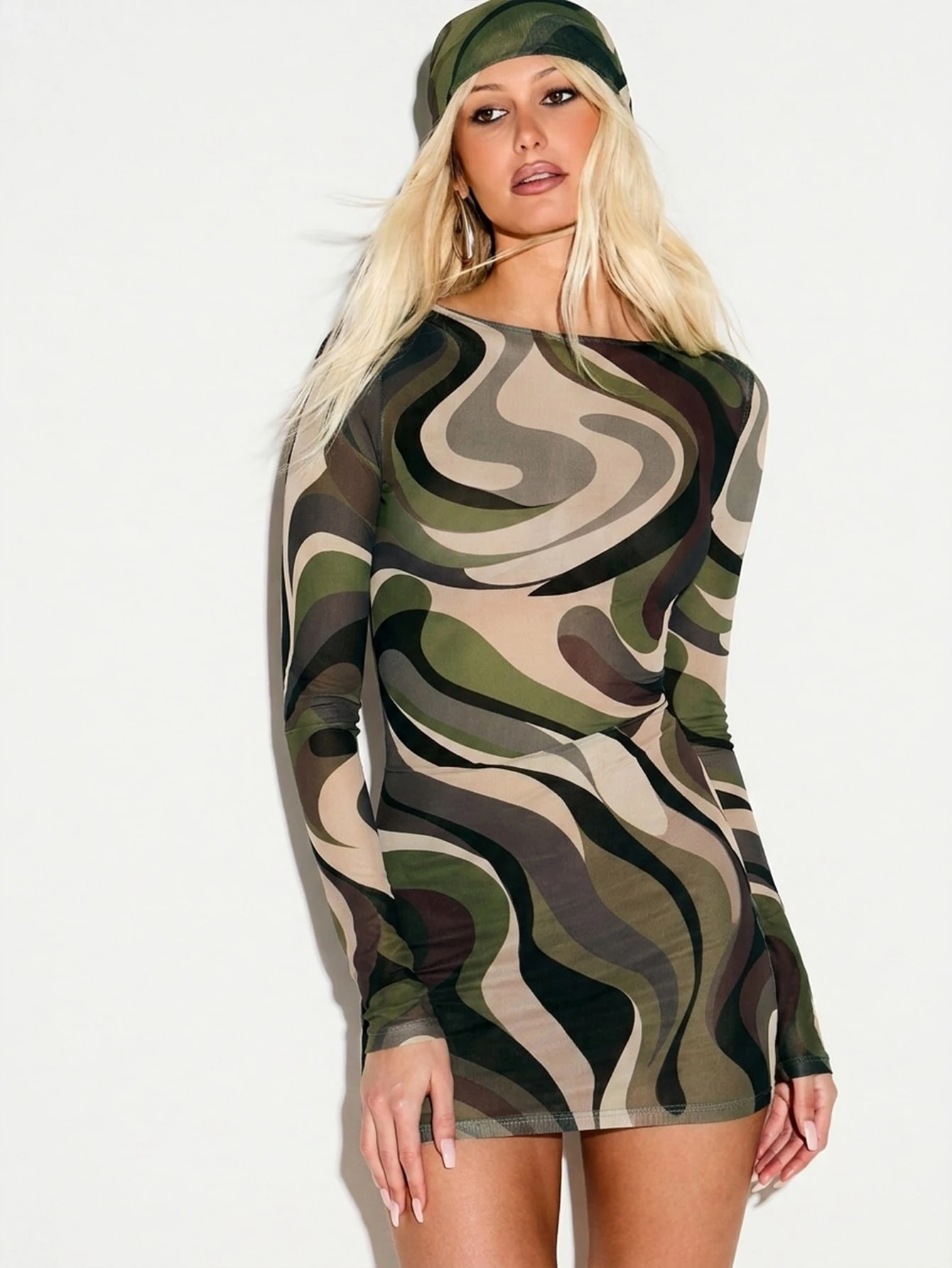 KIZN Swirl Print Mesh Bodycon Mini With Matching Bandana