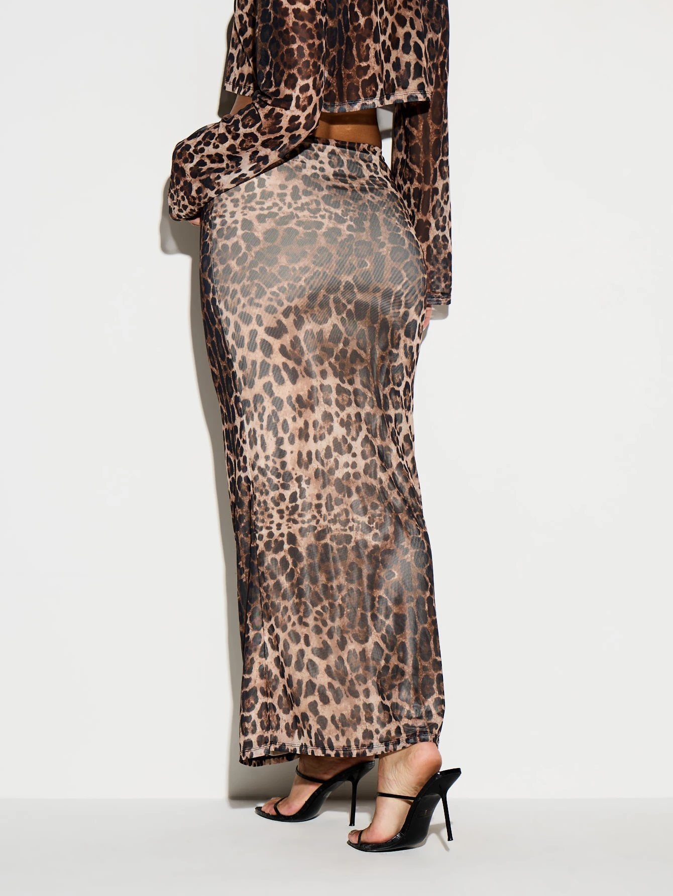 KIZN Leopard Print Mesh Maxi Skirt With Ruffle Hem