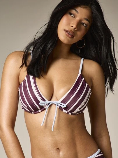 AiiRZ Striped Triangle Bikini Top With Deep V-Neck And Front Tie Detail Summer Beach Swimwear Bralette Style Purple White Stripes Adjustable Spaghetti Straps Underwire Free Design