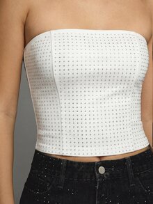 MISSGUIDED Hot Fix Diamante Studded Denim Corset Top Bandeau Style Strapless Festival Crop Top With Zipper Back Closure - White - View 4