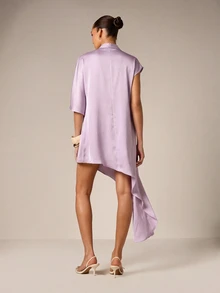 AiiRZ Vestido mini asimétrico con cuello alto, manga corta y bajo fluido, elegante para fiestas, eventos y bodas - Lila Púrpura - Ver 2