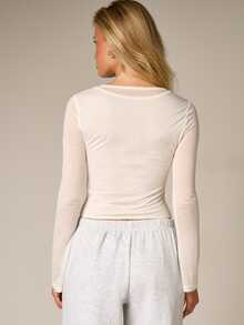 AiiRZ Double Layer Semi Sheer Long Sleeve V Neck Fitted Top Cropped Length Lightweight Knit Tee Fall Winter Basic - Apricot - View 3