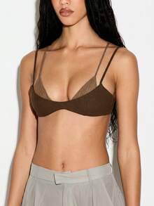KIZN Áo bralette xếp lớp bằng vải crepe với các mảng vải lưới xuyên thấu và dây đeo mảnh, thời trang lễ hội mùa hè. - màu nâu - Xem 5