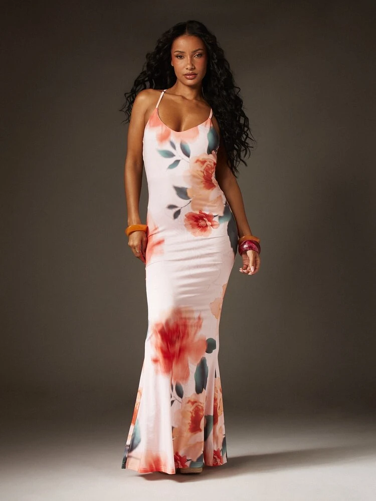 MISSGUIDED Spaghetti Strap Floral Print Maxi Dress Sleeveless Backless Summer Evening Party Cami Dress