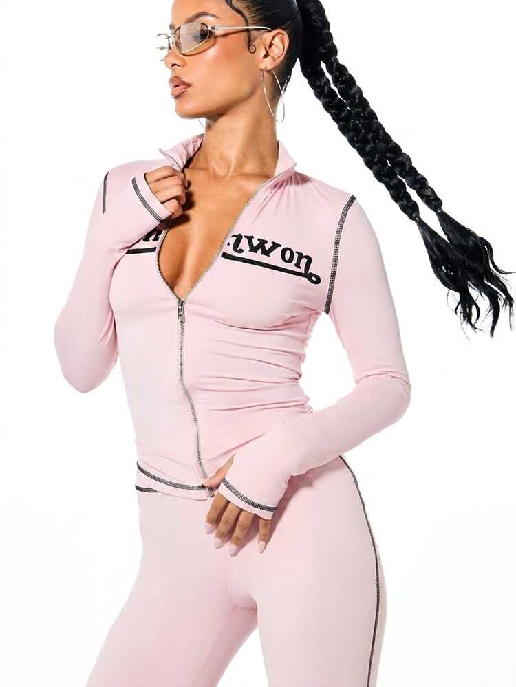SUMWON WOMEN Zip Front Hoodie With Graphic Text And Contrast Stitching Details For Casual Streetwear Style