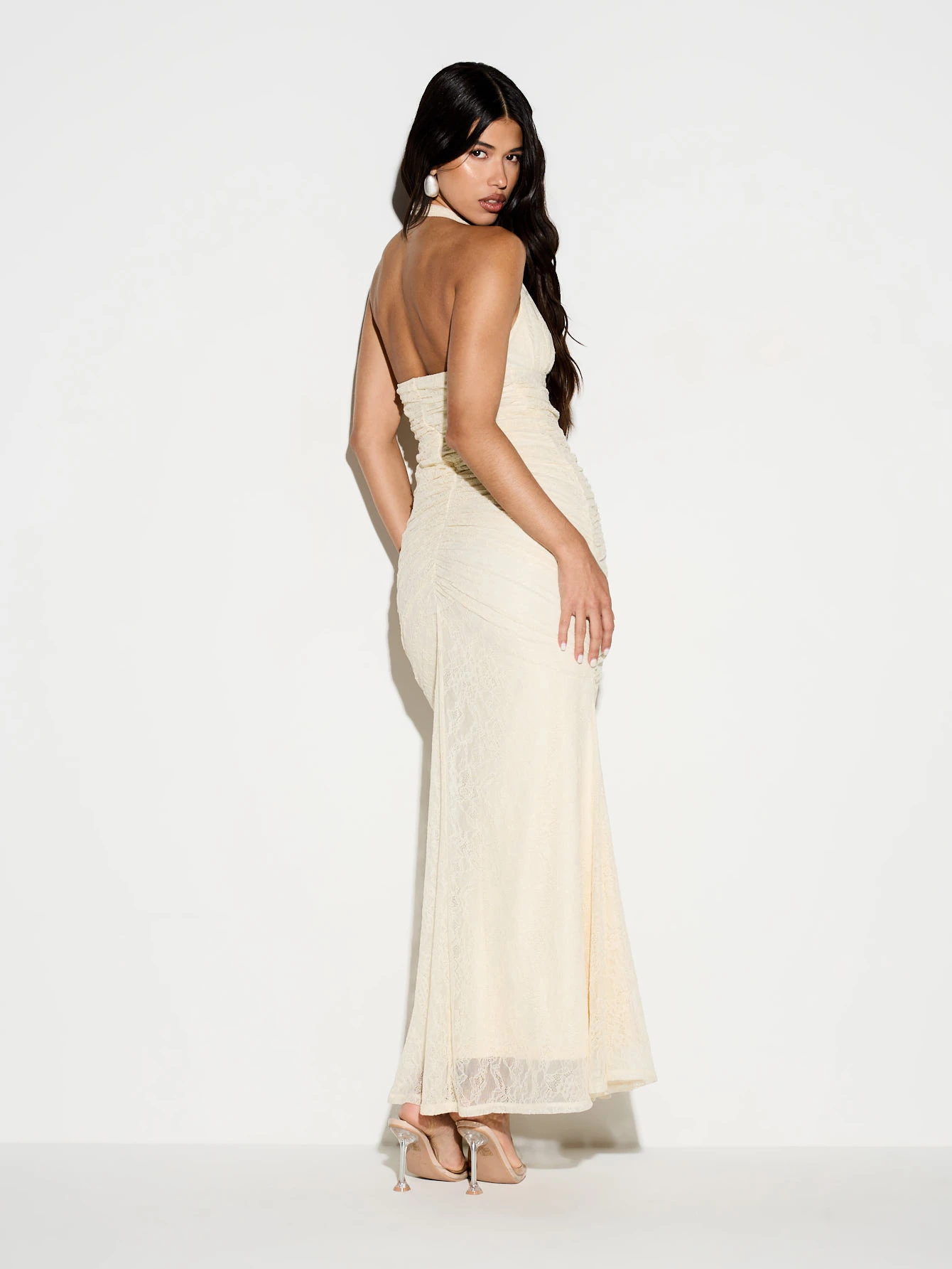 KIZN Lace Halter Neck Ruched Maxi Dress