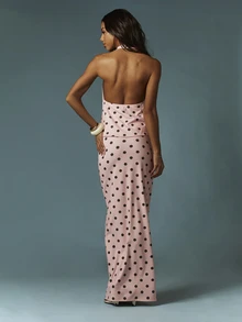 MISSGUIDED Slinky Stretch Pink Polka Dot Halter Neck Tie Front Crop Top And High Waisted Maxi Skirt Two Piece Set Vacation Summer Sexy - Multicolor - View 2