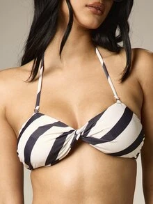 AiiRZ Striped Bandeau Twist Front Bikini Top With Halter Neck Straps Summer Beach Swimwear - Black and White - View 5