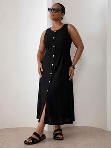 ELLERISSA Plus Size Black Round Neck Sleeveless Front Button Waffle Knit Midi Dress - Black - View 1