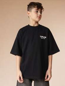 SUMWON Camiseta de cuello redondo de manga corta y hombros caídos con estampado de logo - Negro - Ver 4