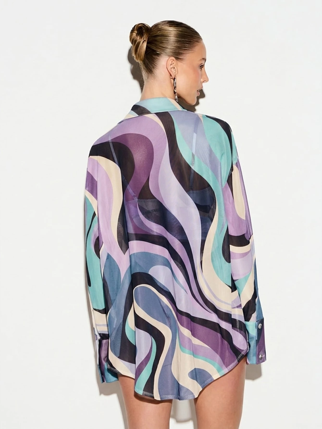 KIZN Swirl Print Mesh Beach Shirt With Long Sleeves