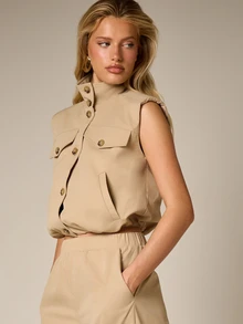 AiiRZ Sleeveless Military Inspired Utility Shirt Button Up Collared Safari Style Stand Collar Professional Workwear Tailored Top - Khaki - View 5