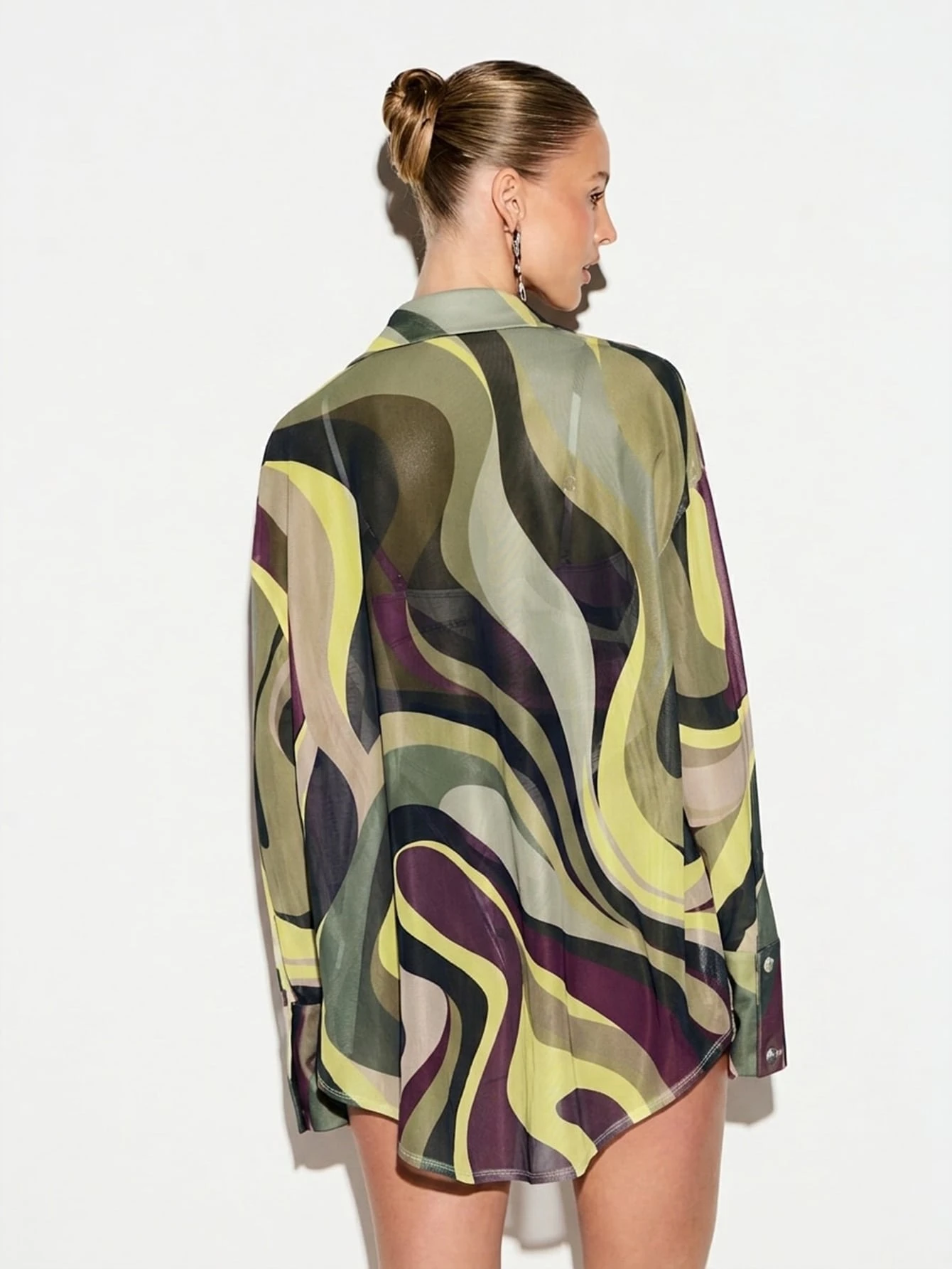 KIZN Swirl Print Mesh Button Up Shirt