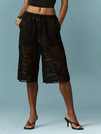MISSGUIDED Black Lace Bermuda Shorts With Drawstring Waist And Semi-Sheer Texture For Summer Casual Feminine Style