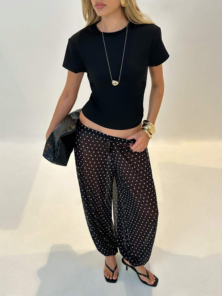 AiiRZ Polka Dot Mesh Balloon Leg Palazzo Trousers With Elastic Waist Summer High Rise Wide Leg Flowy Casual Pants