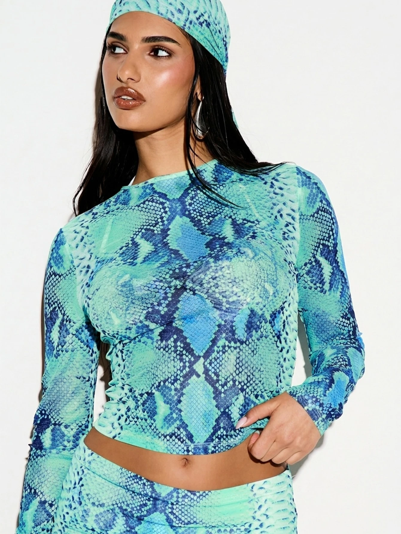 KIZN Snake Print Mesh Long Sleeve Crop Top