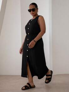 ELLERISSA Plus Size Black Round Neck Sleeveless Front Button Waffle Knit Midi Dress - Black - View 4