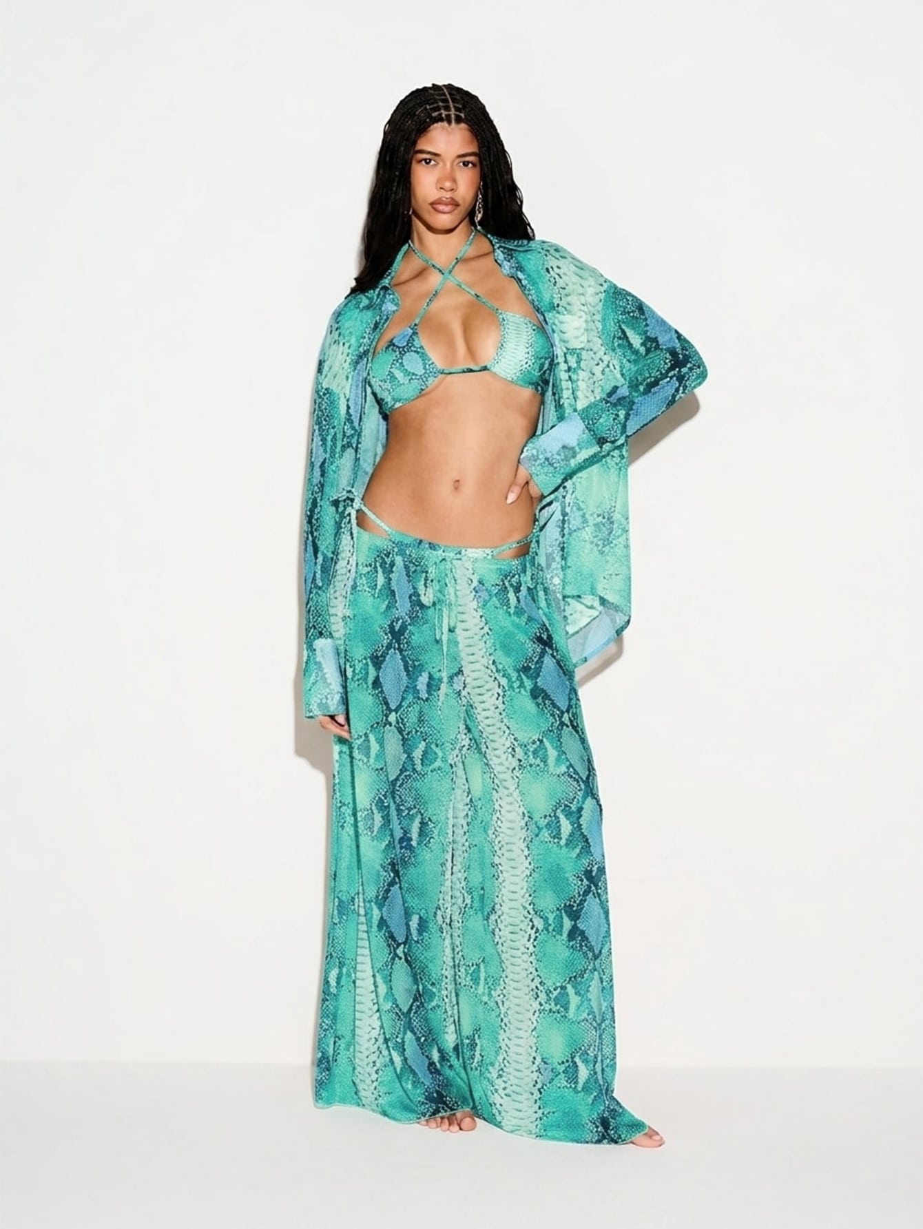KIZN Snake Print Wide Leg Mesh Trouser